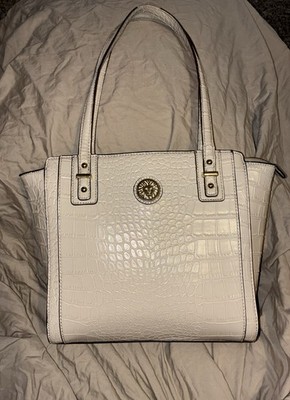Anne Klein White Croc Embossed Tote Bag Zip Top Gold Hardware Lined Pockets