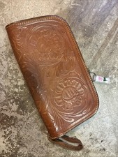 10 Vintage clutch with wrist strap, Tooled leather Zipper 1950s Nice Patina