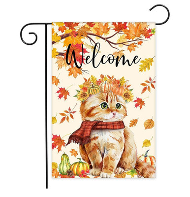 Avezano Cat Welcome Flag 12''x 18'' Fall Decor Thanksgiving Autumn Leaves