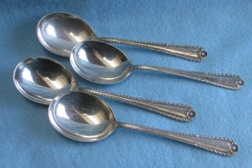 4 Vintage Sterling Silver International "Gadroon" Soup Spoons Monogrammed "W"