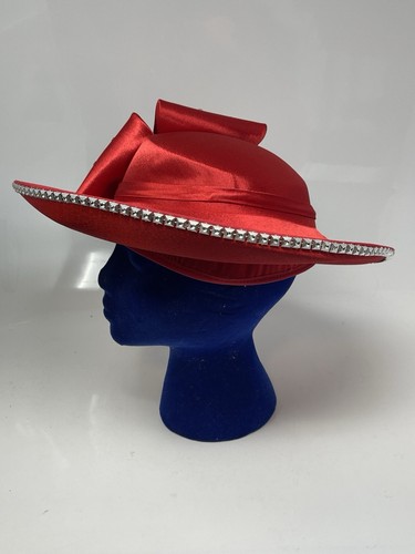 Vintage Ann Marie Women’s Red Hat With Bow Rhinestones Church Kentucky Derby - Picture 3 of 10