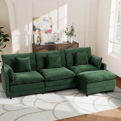 L-Shaped 113'' Cloud Couch - 4-Seater Modular Sofa with Ottoman & Pillows, Green