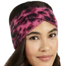DKNY Womens Fuzzy Knit Twist Headband Black Leopard Animal Print One Size