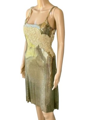 oroton gold dress Gianni Versace S/S 1997 Unworn Oroton Metal Mesh Chainmail Lace Gold Dress