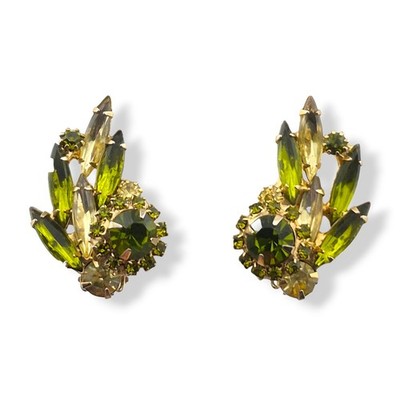 Vintage Signed Alice Caviness Green Rhinestone Clip On Earrings Navette 1960s