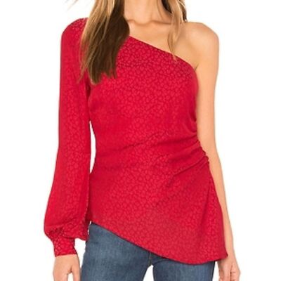 L Academie | The Senna Bouse one arm off the shoulder animal print red lava