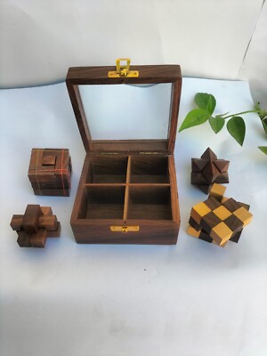 Brainteaser Puzzle Box versteckte Fächer Enigma 4 Spiel in Box Holz einzigart...