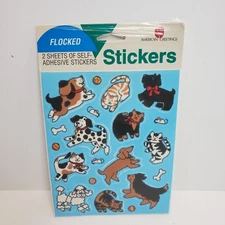 Vintage American Greetings Fuzzy Flocked Dog Cat Pet Stickers 2 Sheets