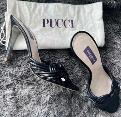 Emilio Pucci Navy Blue Leather Mule Heel Sandal Stiletto Shoe