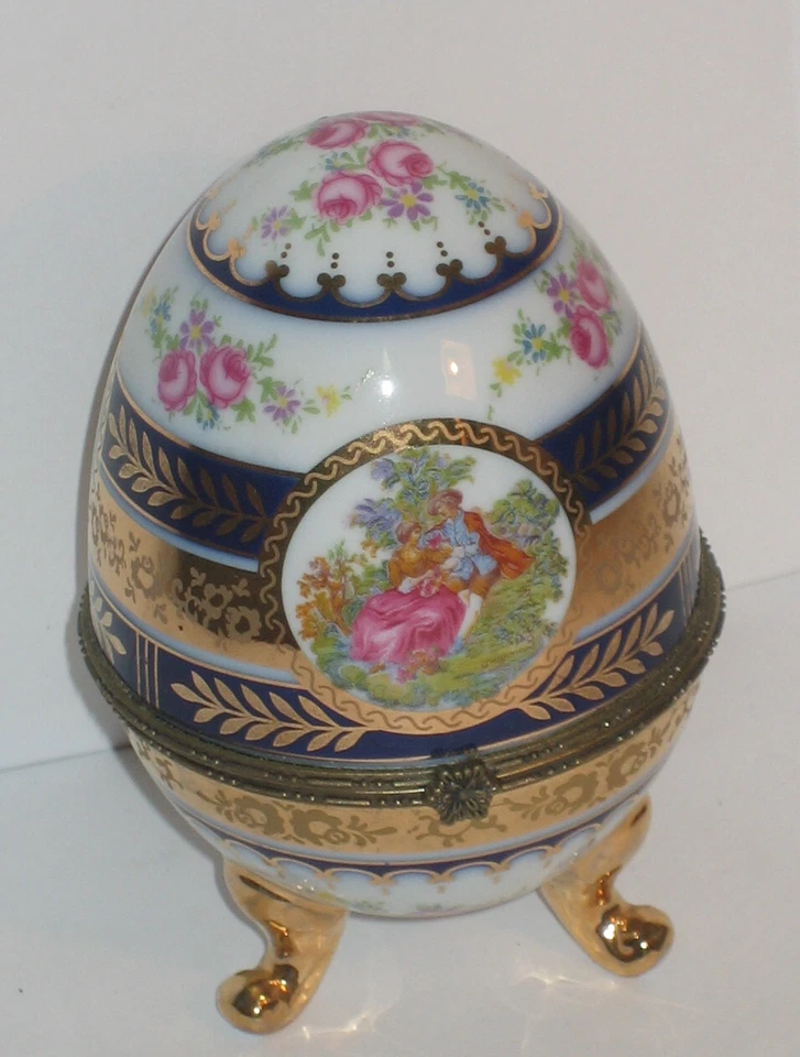 Ei Schmuckdose Porzellanei Zierdose Osterei Sammlerdose Rosen Liebespaar ma 12cm - Bild 3 von 4