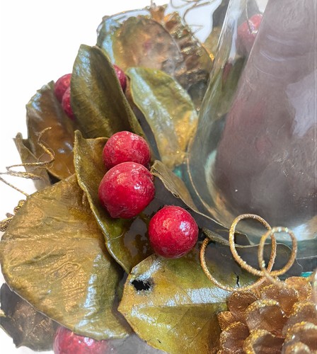 Christmas Glass Pillar Candle Centerpiece Arrangement Gold Pine Cones Berries - Picture 3 of 9