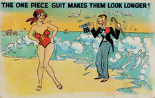 "The One Piece Suit Makes Them Look Longer " Vtg 1930s Girl in Bathing Suit PC