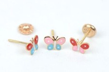 14k Yellow Gold Enamel Butterfly Baby earrings, Screw Back