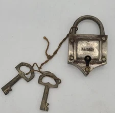 Old Vintage Antique Aligarh Embossed Iron Pad Lock and 2 Keys WORKS