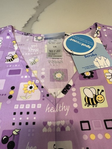 SB SCRUBS top nurse medical vet bumble bee flowers purple v-neck double pocket L - Picture 13 of 21