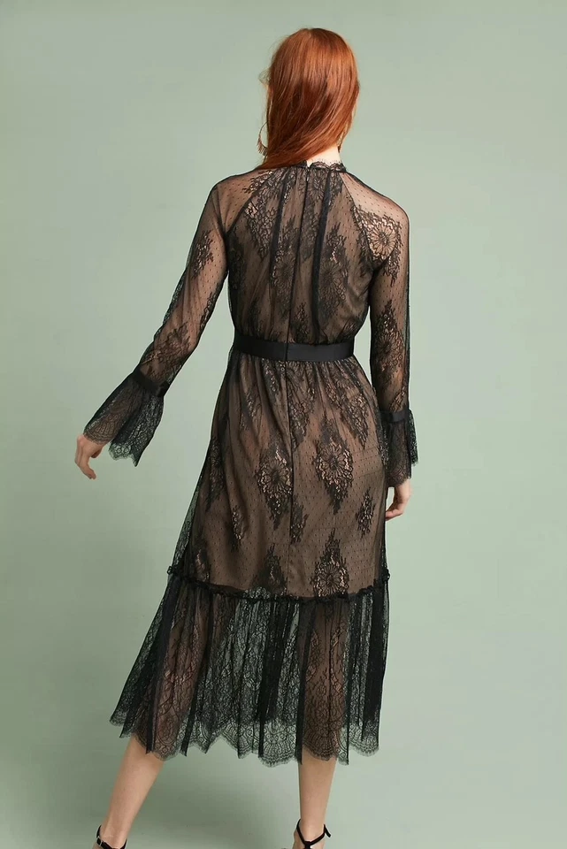 SHOSHANNA Midnight Black Nude Victorian Lace Sheer Ruffle Long Sleeve Dress 6 US - Image 2 of 4