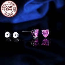 Women 6mm Pink Heart Cubic Zircon Stud Earrings Sterling Silver 925 Jewelry Gift