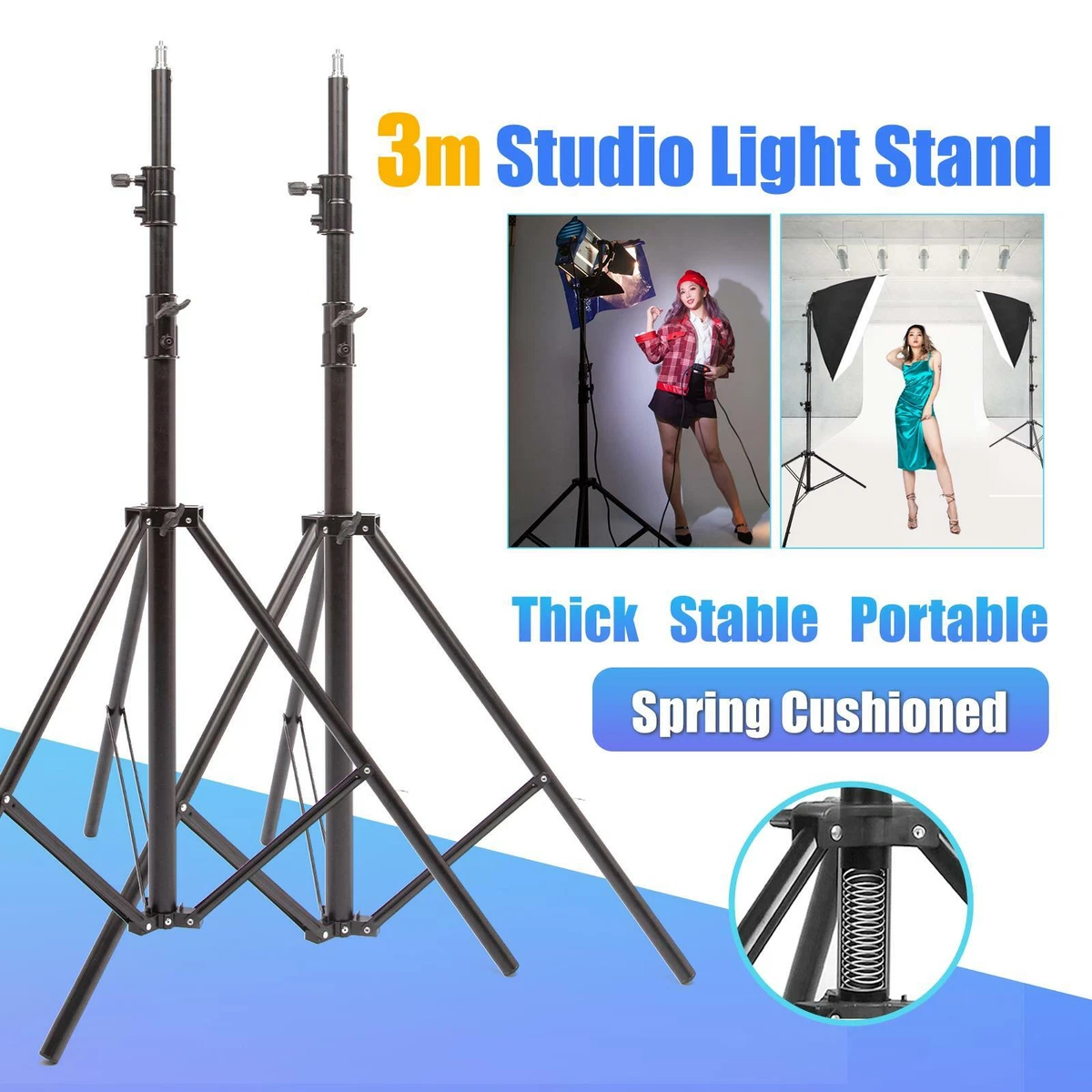 Studio Light Stand x2 3m Heavy Duty Adjustable Professional Photo Tripod