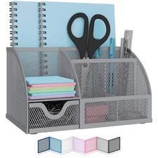 NEATERIZE Desk Top Organizer 6 Compartments w/1 Drawer Metal Mesh Gray