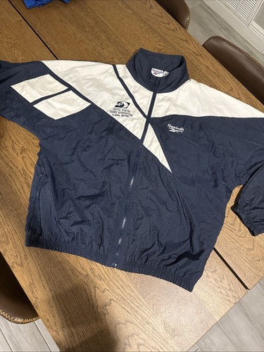 Vintage 90s Reebok Logo Windbreaker Jacket Navy Blue Raymond James Large