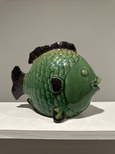Ceramic Fish Statue Figure Glazed Green Brown Ocean Sea Nautical Pisces Decor