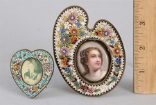 2 Antique Early20thC Italian Miniature Micro Mosaic Artist Pallet & Heart Frames