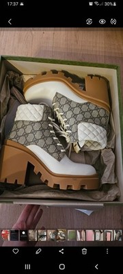 Gucci 659691 GG Supreme Plateau Ankle Boots Weiß/Beige Gr. 38   Neu