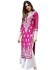 GoSriKi Women's Rayon Blend Straight Chikankari Embroidered Kurta (Victoria P...