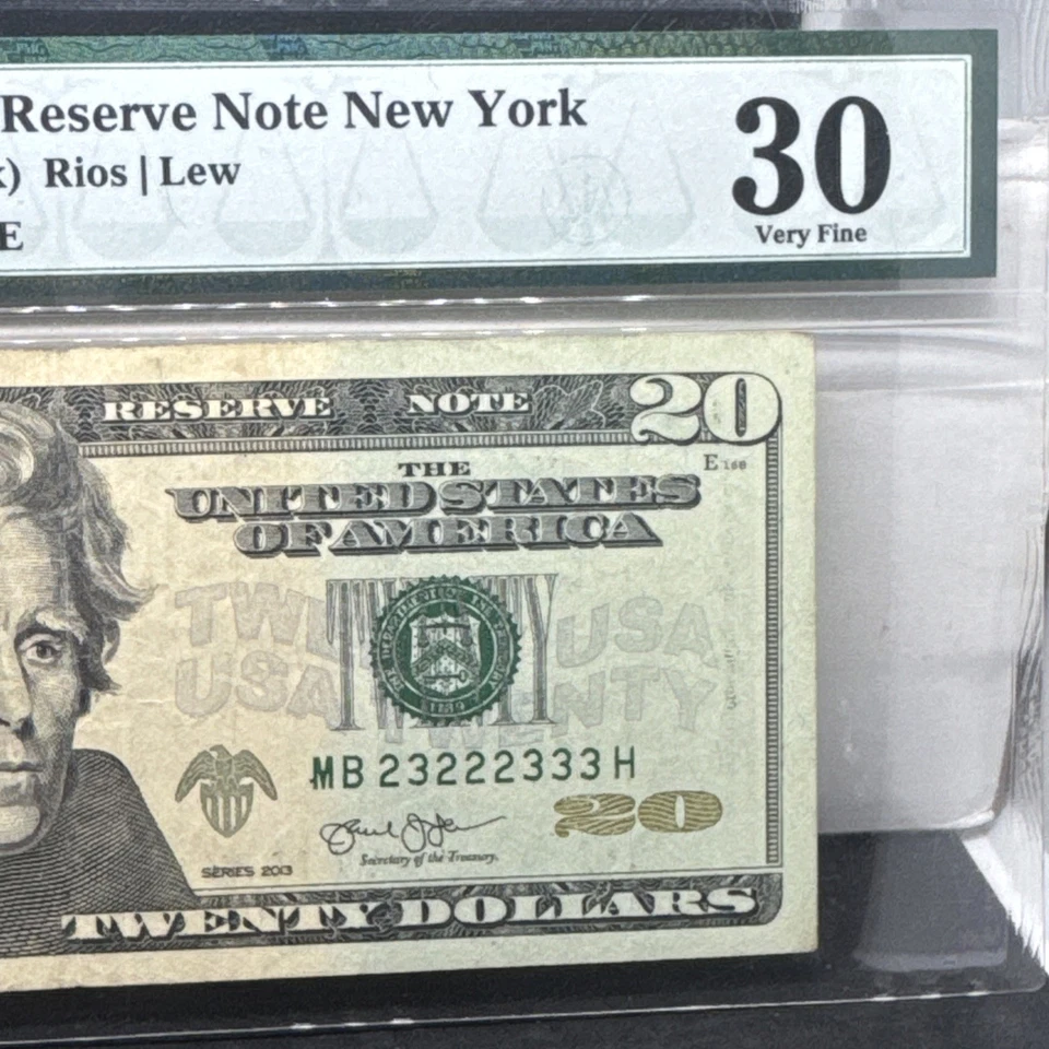 PMG $20 2013 #MB23222333H Federal Reserve Note New York Rios / Lew Very Fine 30 - Image 2 of 4