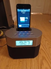 iHome Silver Stereo Speaker Space Saving Dual Alarm Clock Apple iPod Dock