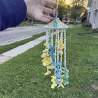 Vintage Seashell Wicker Top Hanging Spiral Windchimes Boho Coastal Blue Yellow