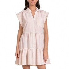 Elan Tan Seersucker Tiered Shirt Dress Cap Sleeve Button Front Mini Large NEW