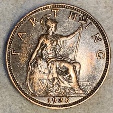 1936 UK British Farthing (1/4 penny) coin, King George V
