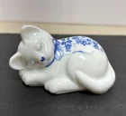 Fenton Milk Glass Sleeping Cat Hand Painted Blue Bow and Flowers