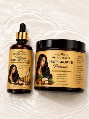 Messou Beauty Hair Growth Oil 4 fl oz & Pomade 8 oz Set Castor Avocado Vitamin E