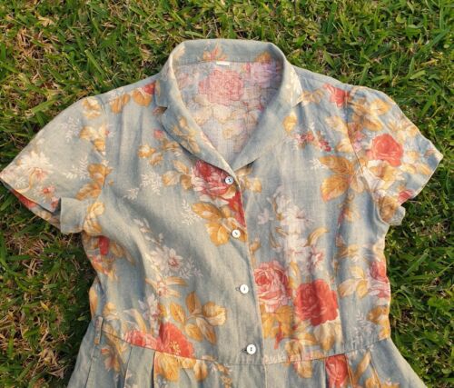 Vintage Ladies S Teal Floral Dress Folklore farm country tea sun linen? - Picture 21 of 24