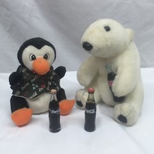 Coca-Cola VTG BRAND Plush Polar Bear Penguin both holding bottles