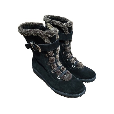 Stuart Weitzman Womens Suede Leather Boots Fur Buckle Black Size 7.5 