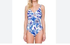 NWT - Gottex SAKURA Surplice Blue Floral Vneck Ribbed One Piece Swimsuit Sz 10