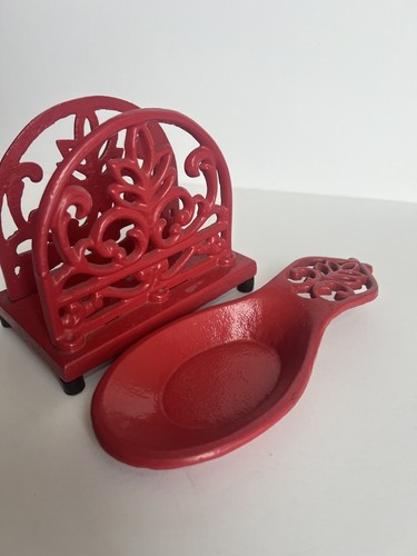 Red Enameled Solid Cast Iron Rounded Napkin Holder and Spoon Rest Set - Picture 2 of 8