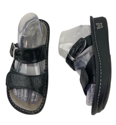 Alegria Karmen Black Metallic Sandals Womens 8? Double Strap Hook & Loop Slide