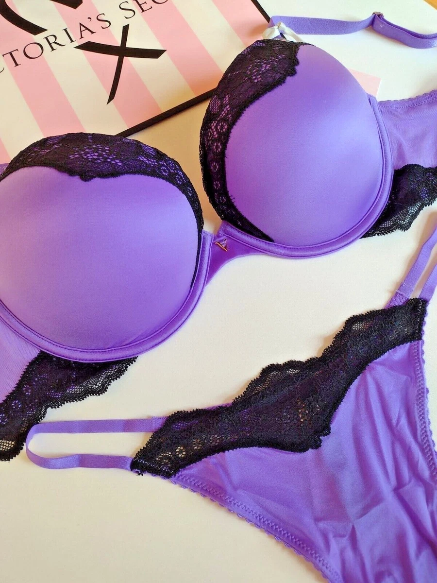 VICTORIA'S SECRET VERY SEXY Purple Push-Up Bra and Panty Set Black Lace  Trim VS