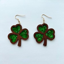 St. Patricks Day Dark Green Shamrock 3 Leaf Clover Resin Wood Earrings