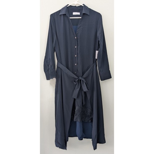 Bailey 44 Georgia Belted Button Up Lace Trim Dress Navy Blue Size L NWT