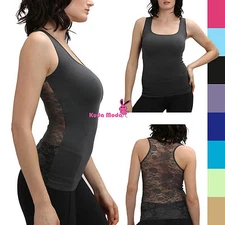 Hot Racer Back Tank Top w/Back Rose Floral Lace Cami Shirt Slimming Mesh T-Shirt