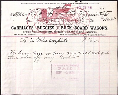1891 The Ward Carriage Co Buggies Buck Board Wagons Newark OH 6.75'' Billhead