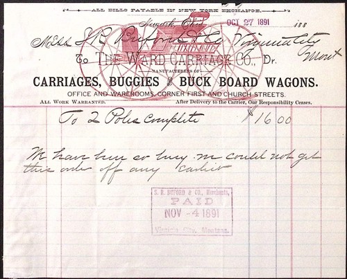 1891 The Ward Carriage Co Buggies Buck Board Wagons Newark OH 6.75" Billhead