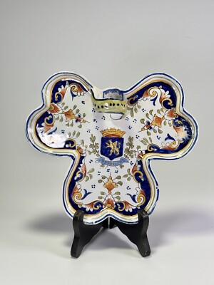 Georges Martel Rouen French Faience Three 3 Leaf Clover Handled Tray