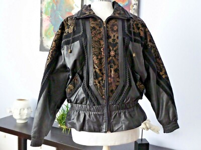 Vtg 80s TIP TOP of California Black Leather Floral Tapestry Boho Bomber Jacket M