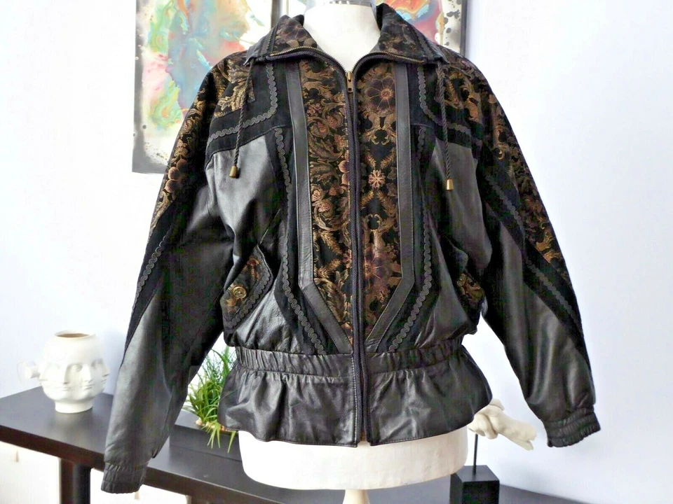 De Colección Años 80 TIP TOP de California Cuero Negro Floral Tapiz Boho Chaqueta Bomber M